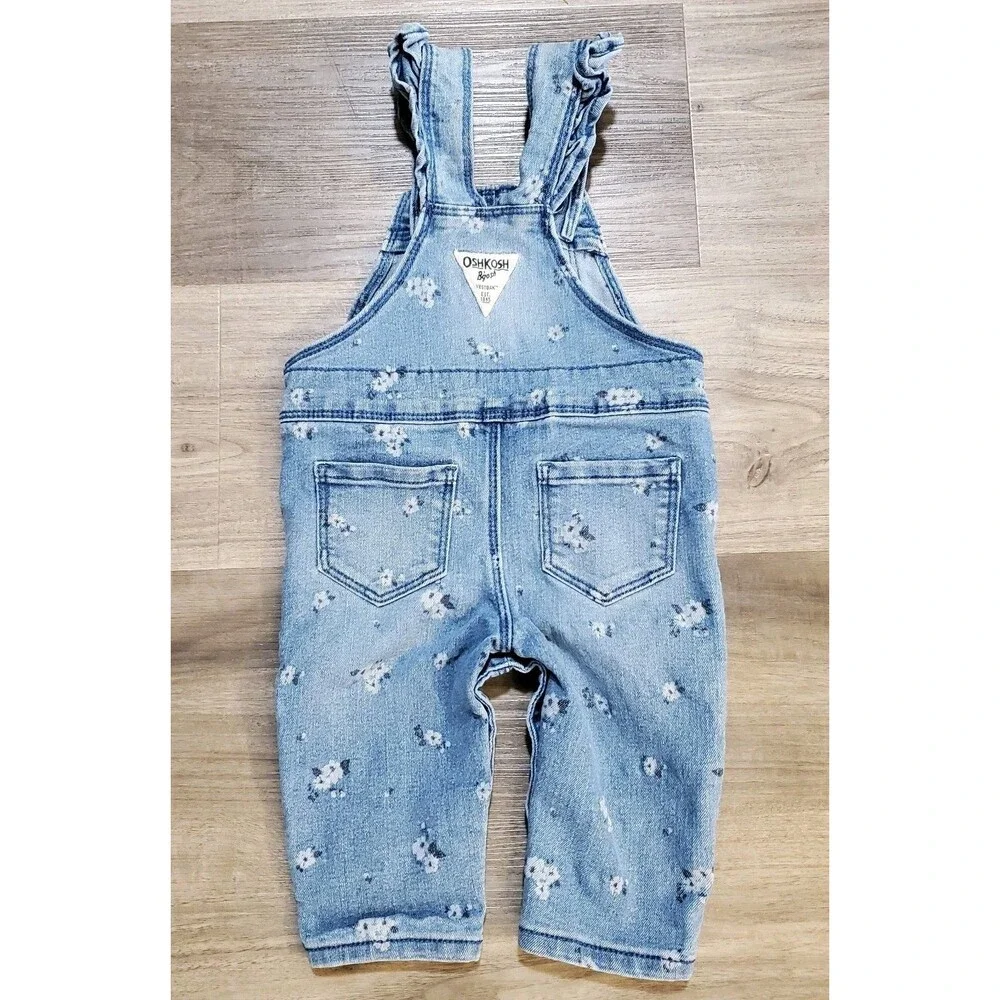Vtg Oshkosh B'gosh Denim Floral overalls size 6 months Snap Leg Ruffel Strap